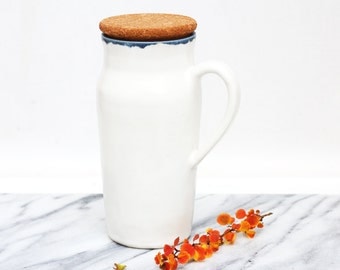 tall ceramic travel mug with handle ~ large (20oz) to-go mug with cork lid ~ white glaze with slate blue accent ~ wheel thrown clay