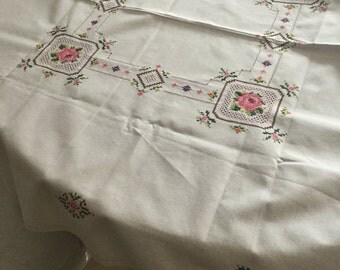 Beautiful French hand embroidered table cloth 81 x 81cm approx