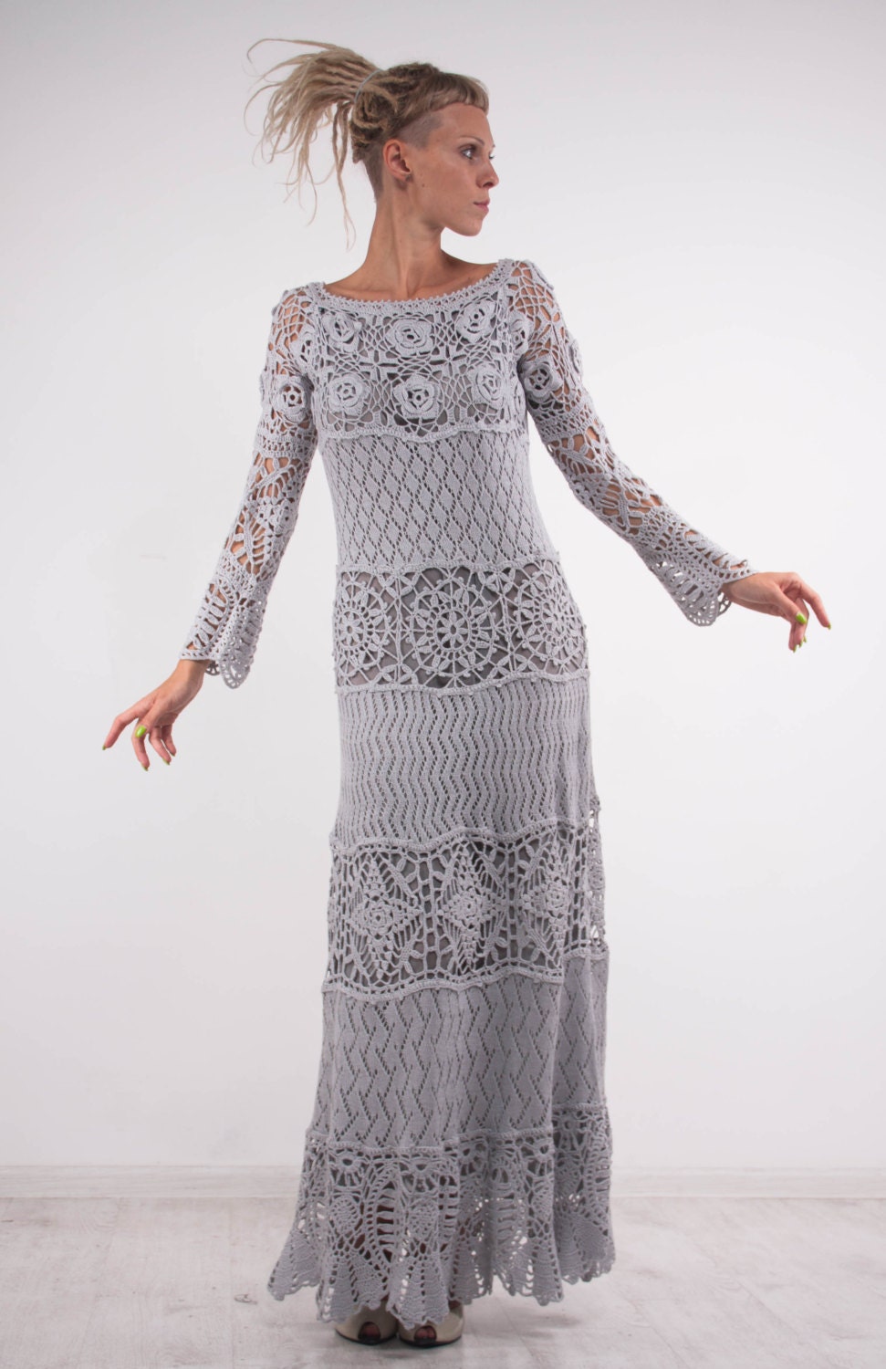 Crochet lace off shoulder dress grey maxi dress long sleeves