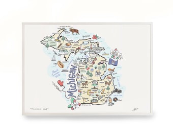 Michigan Map, Michigan Print, Unframed, Print Signed by Artist, Printed on watercolor paper