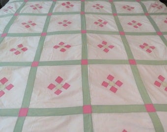 Vintage Quilt Top 106" x 76", hand and some machine stitched, yellow,green, pink, white, excellent condition-free shipping USA
