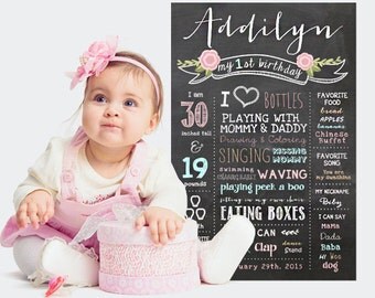 Vintage Shabby Chic First Birthday Chalkboard Poster - Girls Blush Pink Roses 1st Birthday Chalkboard - DIGITAL FILE!