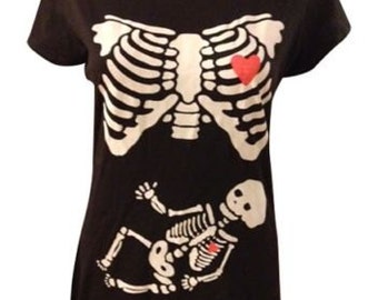 Ladies Mom & Baby Skeleton Pregnant (not maternity) Black DT Humor T-Shirt Tee
