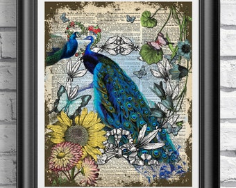 Peacock Dictionary Print, Peacock Wall Decal, Peacocks in Love Print, Unique Wall Decor, Love Heart Page, Dictionary Art