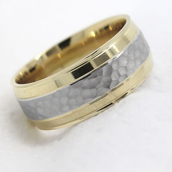 8 mm 10k 14k 18k Two tone Hammered Wedding Ring, Rose and White Gold wedding ring, Yellow and White Gold Two-tone wedding band, Wide ring