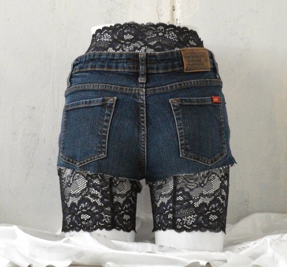 SALE Black with navy blue flowers lace shorts elegant by vivi2anna