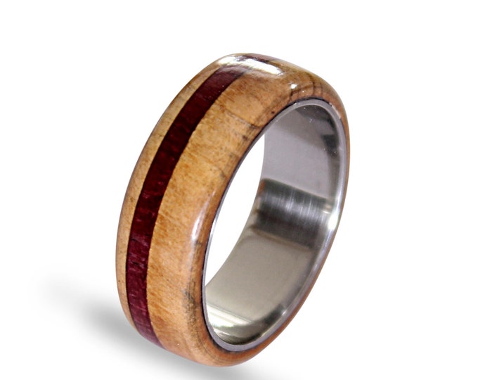 Titanium men ring with beech wood and amaranth wood inlays