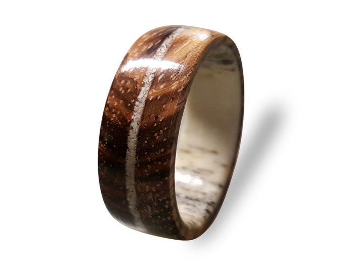 Deer Antler ring with Zebrano wood and crushed Shell inlay, Wooden ring with Deer Antler