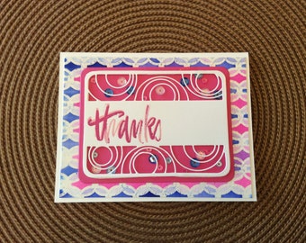 Handmade Greeting Card: Thank You card with sequins. Pinks and blue colors