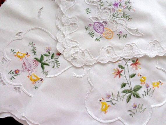 Vintage embroidered easter tablecloth set of three