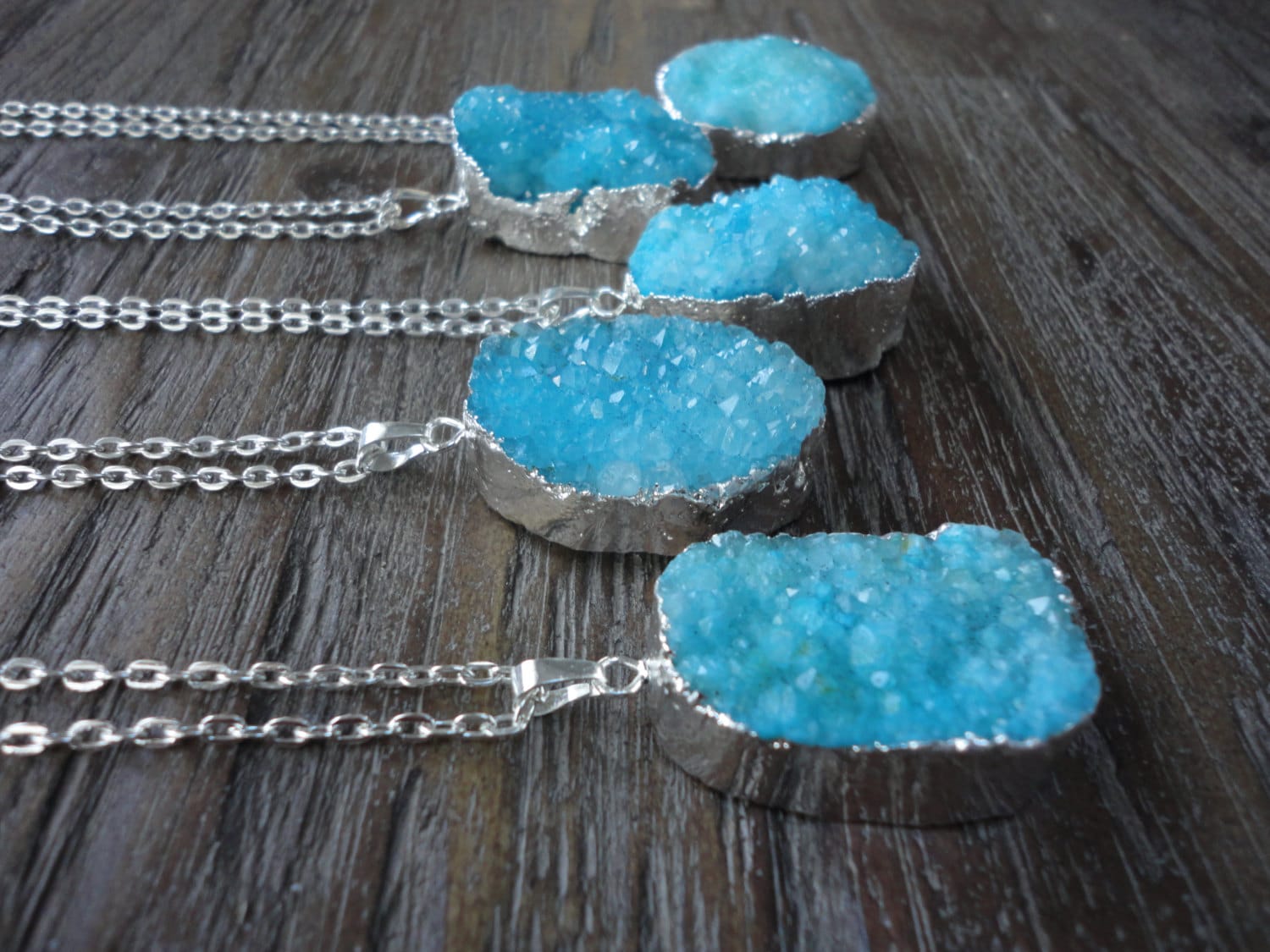 Druzy Agate Pendant Silver Necklace/Aqua Agate/Silver Surround/Silver Chain/Bright Aqua Blue