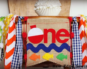 FISHING Birthday High Chair Highchair Banner Party Cake Smash Camping Hunting Woodland Fish Blue Green Orange Red Fabric First One Custom
