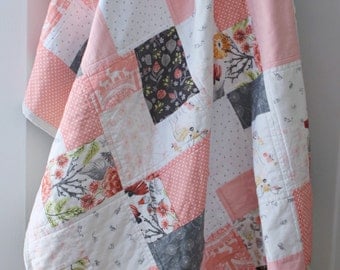 Patchwork Baby Quilt~ Baby Quilts Handmade~Pink & Grey Nursery~Baby Girl Quilt~Coral Nursery~ Woodland Nursery Bedding~ Baby Quilts For Sale