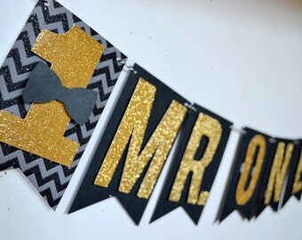 Mr. Onederful Boys 1st Birthday bowtie Banner Black and gold cheveron