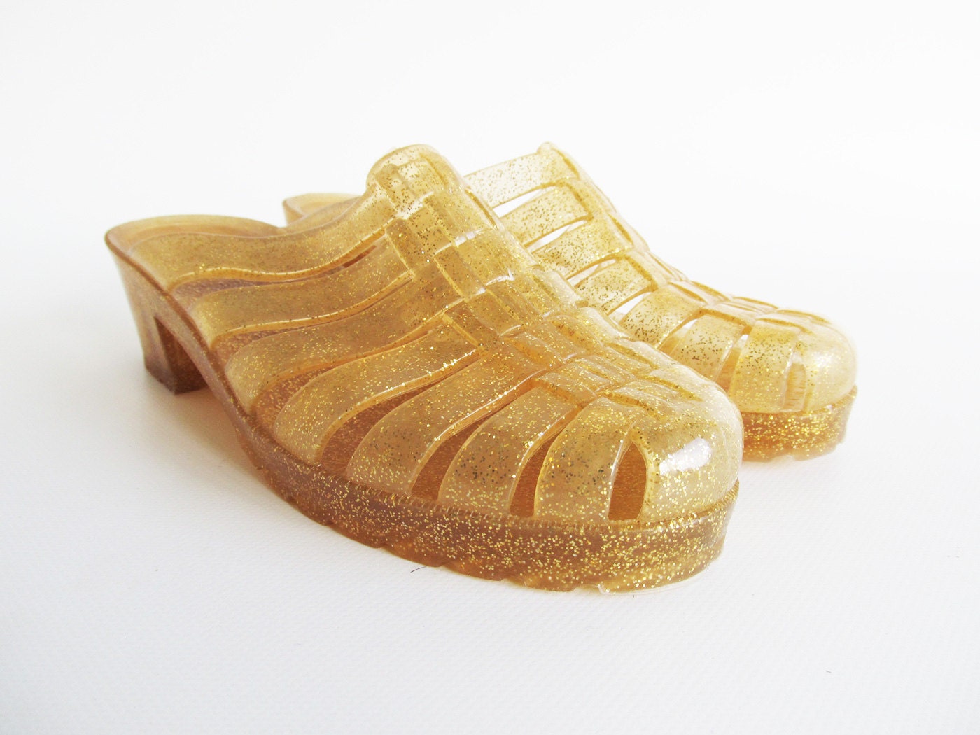 90s • Vintage • Rubber • Gold • Glitter • High Heel • Jelly • Sandals