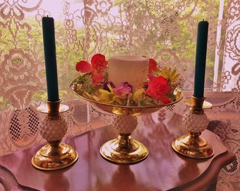 VINTAGE CANDLEHOLDER SET of White Hobnail Glass & Metal Mid Century Dining Table Centerpieces Bed and Breakfast Decorative Candle Holder Set