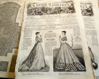La Mode Illustree 1868 Antique French Magazine, Art Deco Fashion 15 March 1868 French Vintage paper wrapping framing scrapbooking ephemera