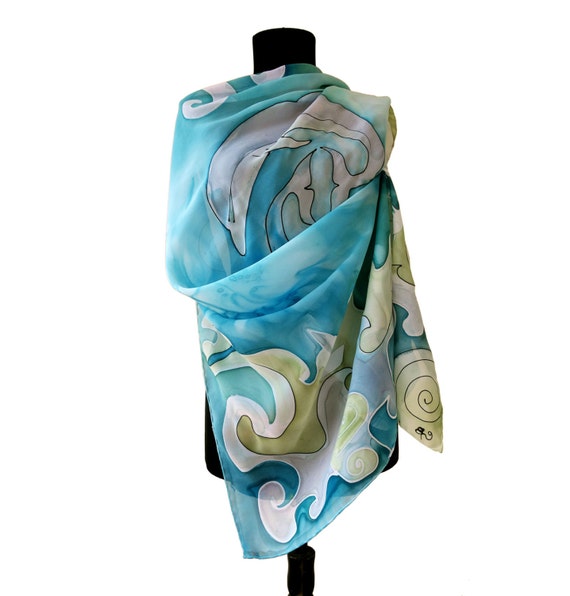 Hand Painted Silk Scarf with dolphins. Paint by hand sea