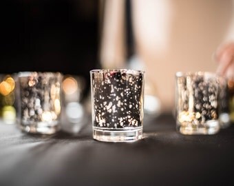 Set of 12 MERCURY GLASS SILVER Speckled Glass Candle Holders Votive Holder Led Candleholder Tea Light Vintage Wedding 2.5 Winter Christmas