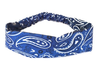 Blue Bandana Headband Elastic Headband Paisley Hairband Womens Hair Accessories