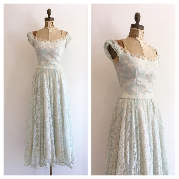 Vintage Bridal 1950's Ivory satin and blue lace by MirandasBridal