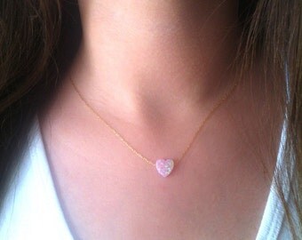 Pink heart Opal Necklace, Pink Opal Necklace, Bridesmaid Necklace, Opal Jewelry, Delicate necklace Gift for Her, Girlfriend, Teen Necklace