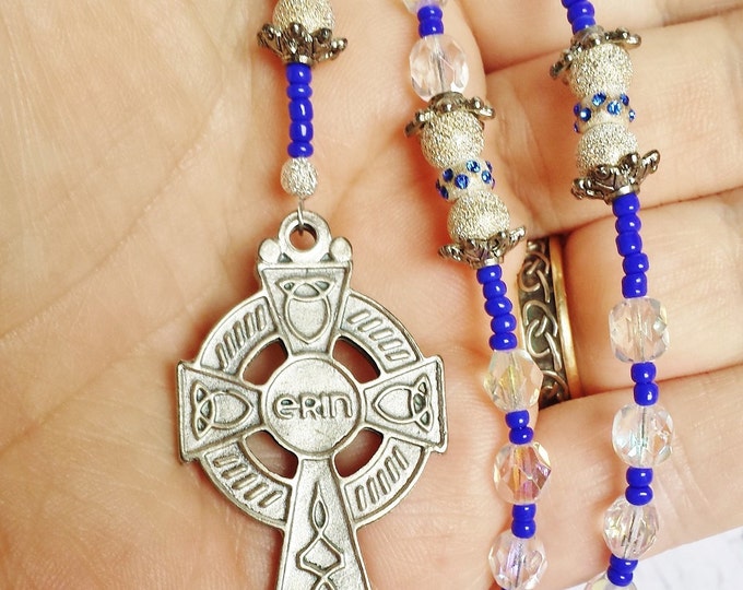 Catholic Rosary Beads ~ Sapphires, Sterling Silver & Crystal ~ Traditional Five 5 Decade Celtic Rosary ~ Thoughtful Gift for Baptism