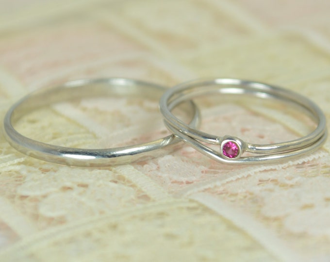 Tiny Ruby Ring Set, Solid White Gold Wedding Set, Stacking Ring, White Gold Ruby Ring, July Birthstone, Bridal Set, Gold, Engagement Rings