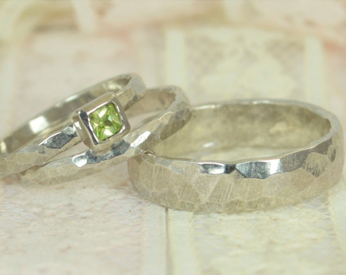 Square Peridot Engagement Ring, 14k White Gold, Peridot Wedding Ring Set, Rustic Wedding Ring Set, August Birthstone, Solid Gold, Peridot