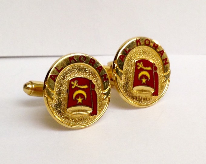 Storewide 25% Off SALE Vintage Round Al Koran Gold Tone Designer Cufflinks Featuring Red Flag Enamel Center With Sword & Moon Design