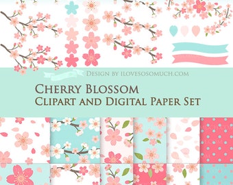 30% off Cherry Blossom / Sakura Clip Art + Digital Paper Set / Cherry Blossom Clipart / Cherry Blossom Digital Paper - Instant Download