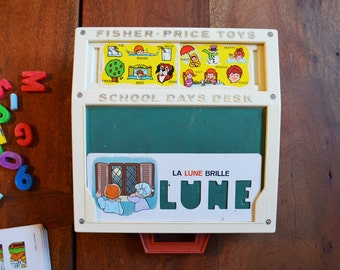French Vintage Fisher Price School Days Play Desk - model #176 includes 6 French cards, magnetic letters and chalk