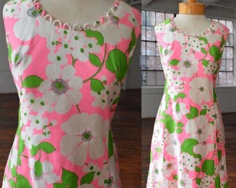 60s Bright Pink and Green Floral Patter Mod Sleeveless Dress