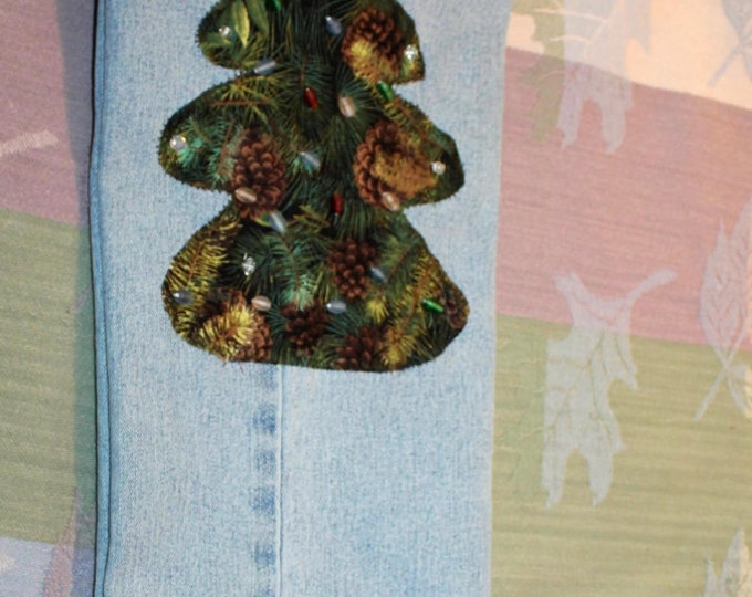 HALF PRICE ** Christmas Stocking with Christmas Tree Motif. Upcycled Blue Jean Stocking Gift Bag. Teacher Gift. Secret Santa Gift