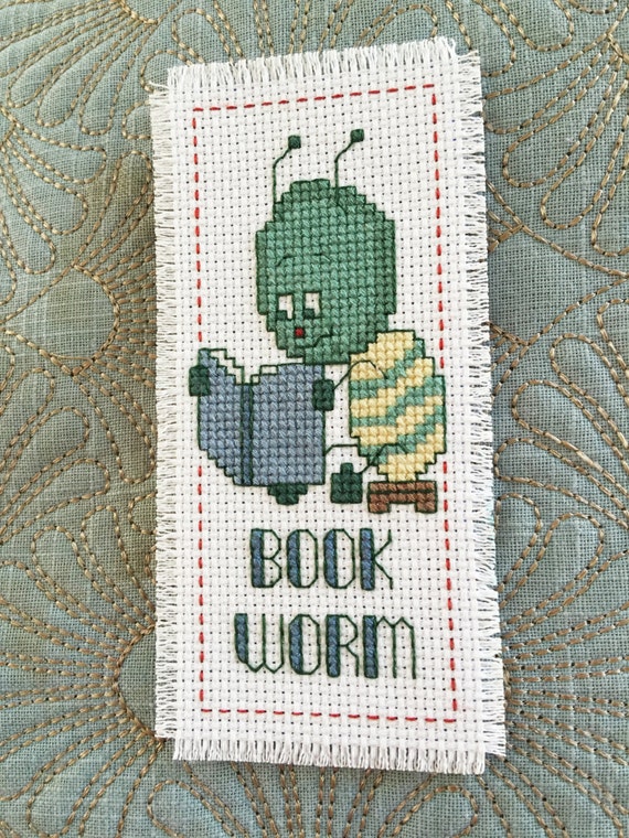 Finished Cross Stitch Bookmark Bookworm Cross