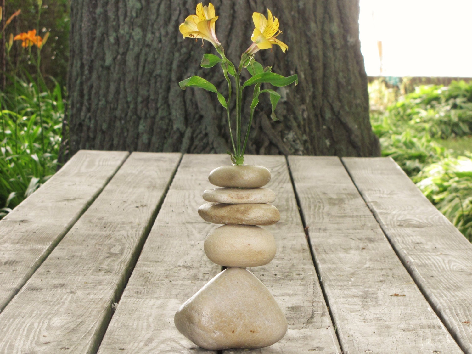 Rock Vase Stacked Stone Bud Vase made with River by DriftRockBay