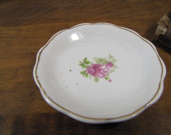 Vintage Butter Pat - Pink Flowers - Scalloped Rim - Gold Accent