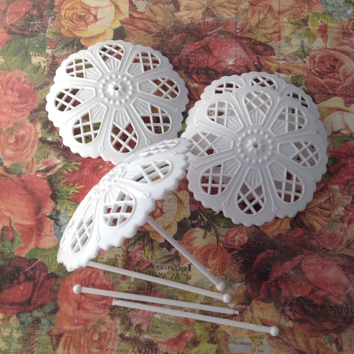 Four Vintage White Umbrella Cake Decorations Bridal Shower