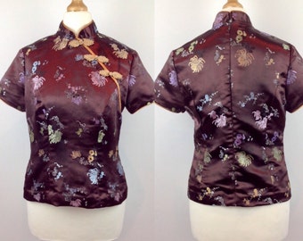 Vintage 90s Chinese Cheongsam Top, Brown Cheongsam Top, Asian Blouse, Hipster, Frog, Flower, Purple, Gold Satin, Size 6 8