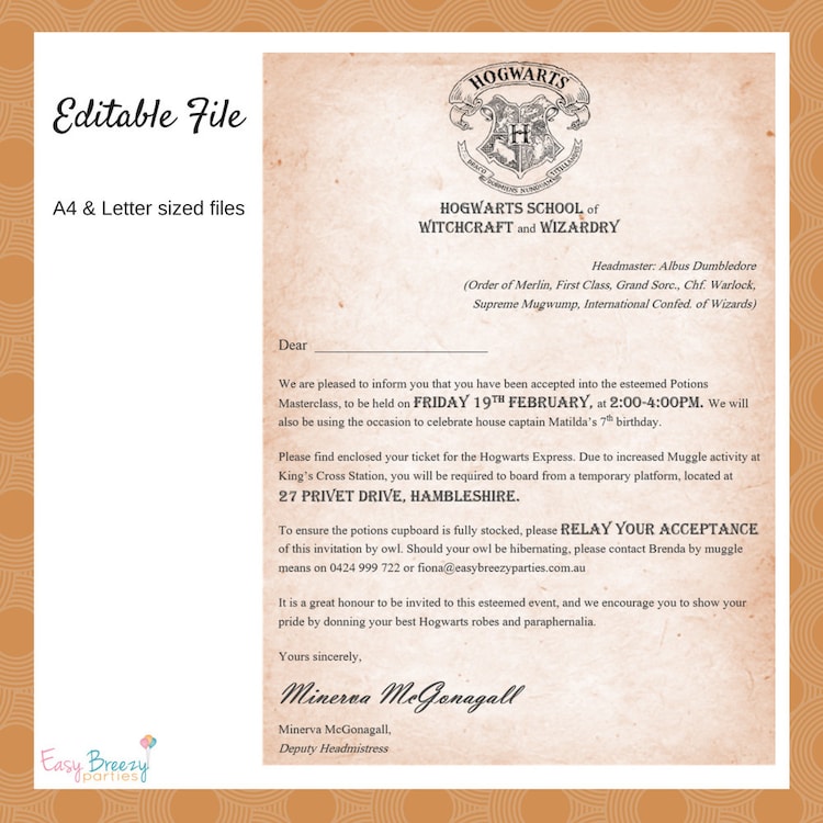 invitation letter y by EasyBreezyParties Editable Invitation HARRY POTTER file