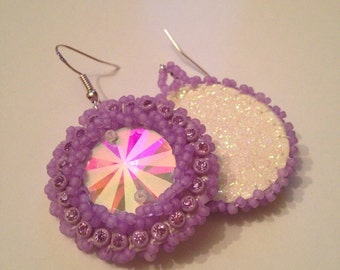 Native American Beaded Earrings. Purple Pinwheel. Raised Beadwork.
