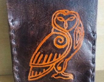 Minimalist Wallet, Small Wallet, Owl Wallet, Leather Wallet, Leather Card Case, Celtic Owl Wallet