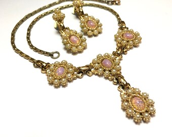 50s Pearl and Opal Necklace Earring Set | Pendent Style Necklace & Earrings Set | Pink Faux Opal Set