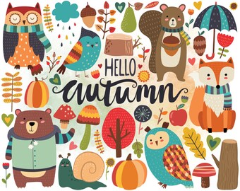 Autumn Woodland Clipart - Fall Clipart, Autumn Clip Art, Woodland Clipart, Cute Woodland Animals and Fall Floral Design Elements