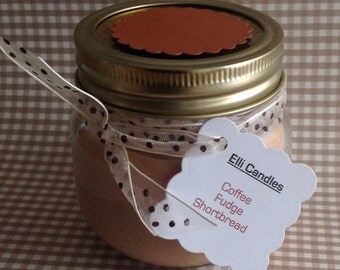 Coffee, fudge & shortbread scented candle. Light this candle mid-morning, put the kettle on and open the biscuit tin...