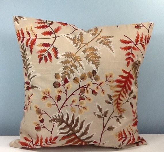 Fall throw pillow. Autumn leaves pillow burgundy tan pine.