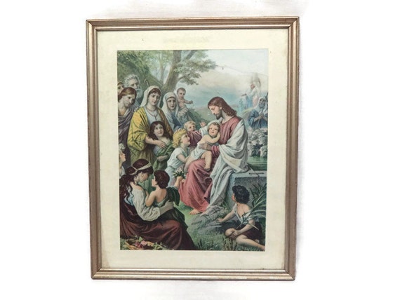 Vintage Jesus with Children Picture Wall Art Print Silver