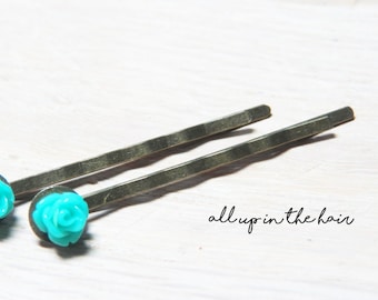 Tiny Teal Rose Bobby Pins -Teal Flower Bobby Pins - Teal Rose Hair Pins - Teal Bobby Pins - Teal Hair Pins