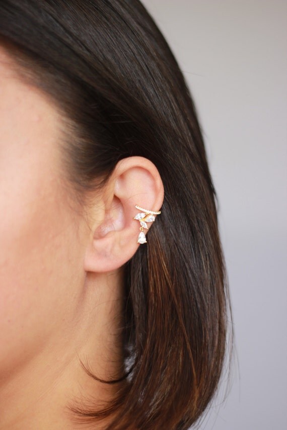 Drop Gems Ear Cuffs / Yellow Gold Plated on Sterling Silver