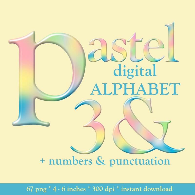 pastel alphabet clipart rainbow colorful digital font with